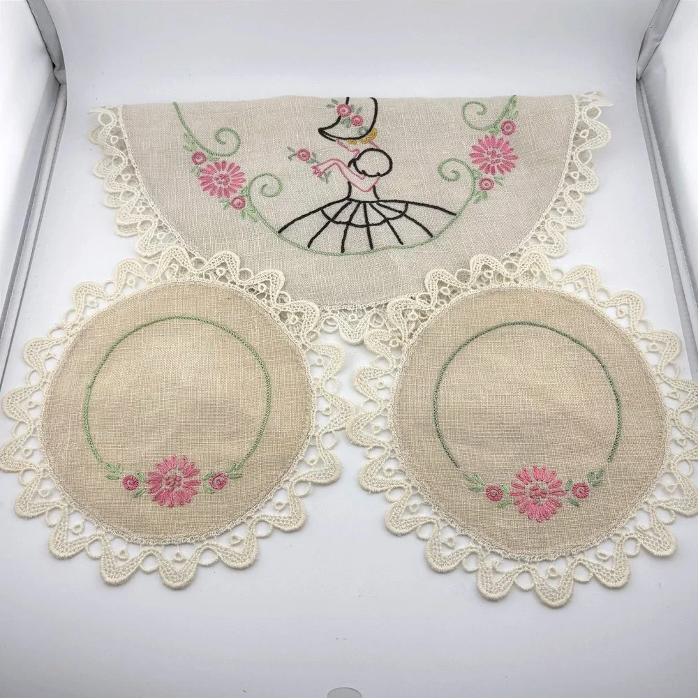 Vintage Hand Embroidered Linen Doily Set Crinoline Lady Southern Belle 3pc